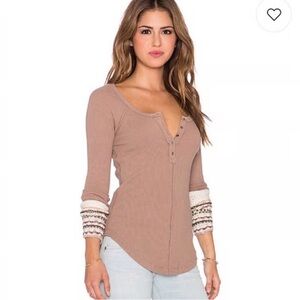 Free People Brown Long Sleeve Top with Cream Cuffs